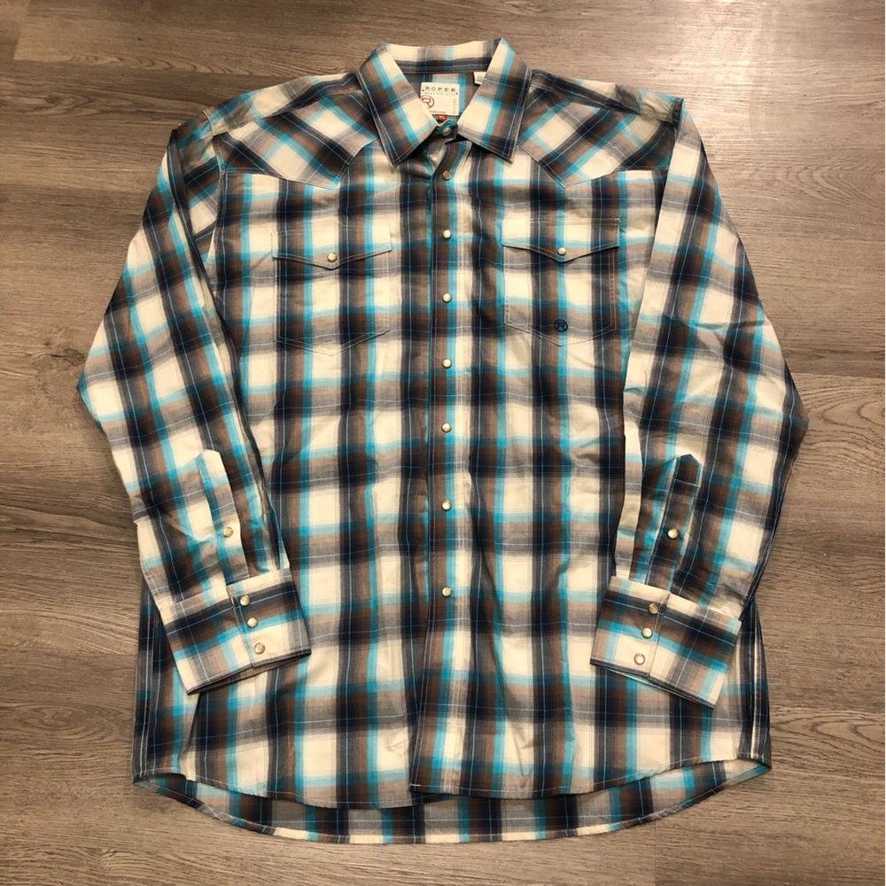 Roper Pearl Snap Long Sleeve Button‎ Down Rodeo Shirt Plaid Blue Brown Mens XL